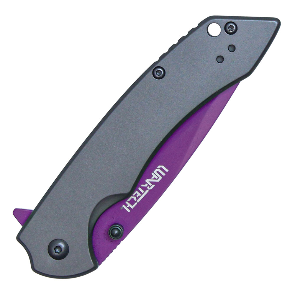 Assisted Open Folding Pocket Knife with Grey handle and Purple Blade view 3